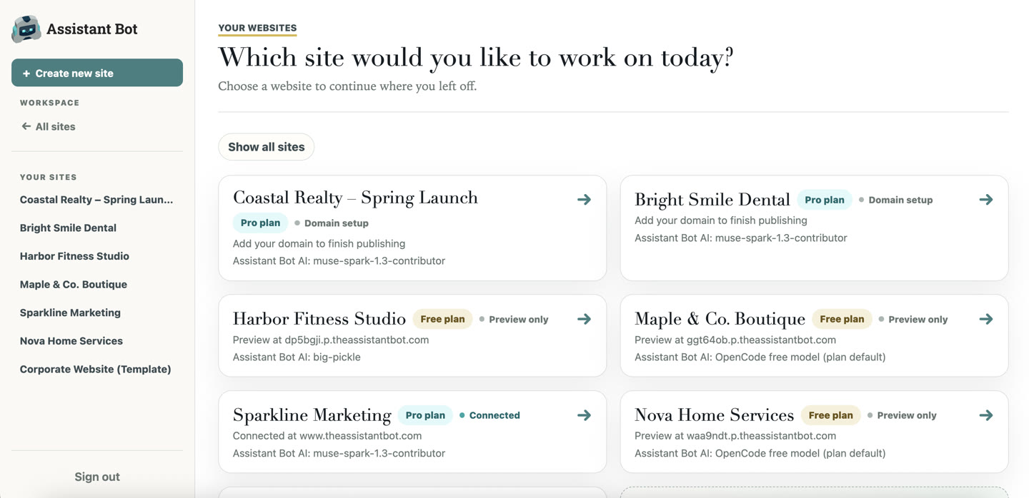 Assistant Bot dashboard showing an agency's multiple client websites and projects