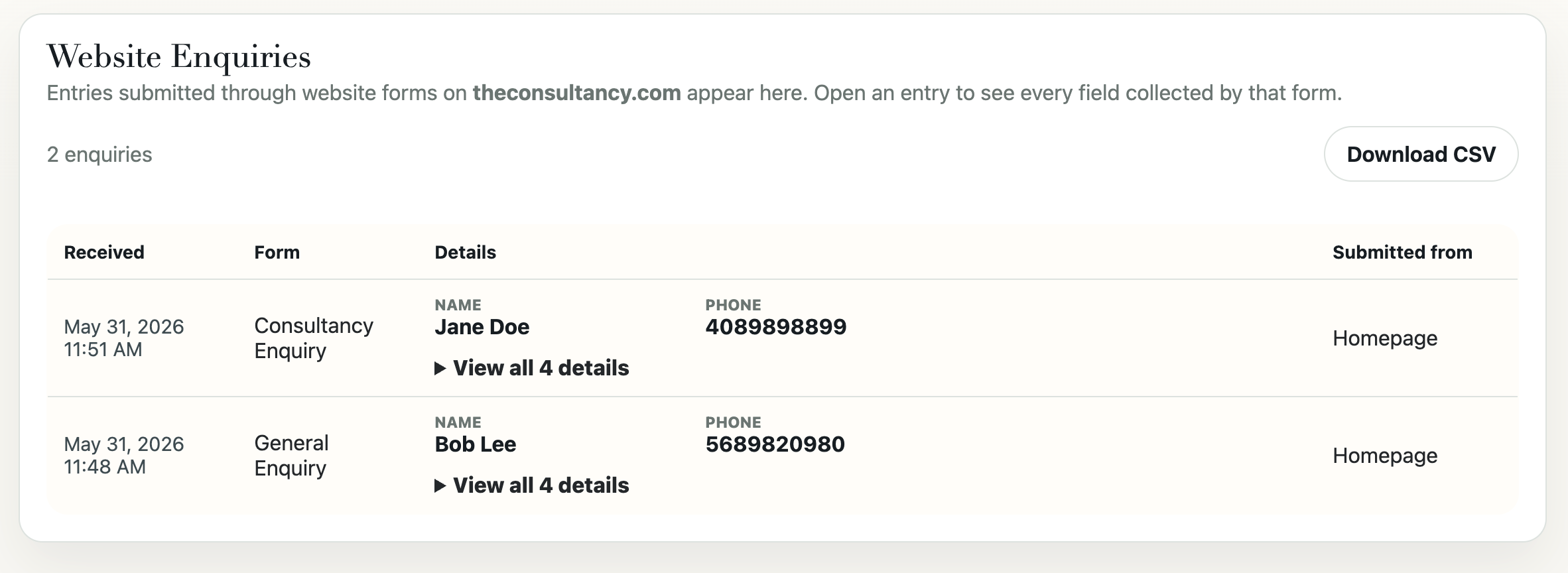 Form submissions dashboard